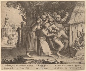 De Dronkaard in de Varkensstal Geduwd door after Pieter Bruegel the Elder
