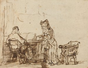 Hannah wijst de verwijten van de profeet Eli af door after Rembrandt van Rijn