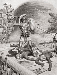Alexander de Grote vecht tegen de Assacani bij de versterkte stad Massaga, India tijdens zijn Indiase Campagne in 326 v.Chr., uit Hutchinsons Geschiedenis van de Naties, pub.1915 door after Robert Dudley