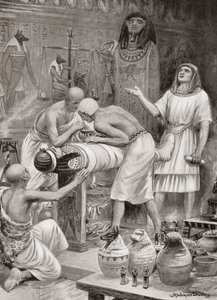 Het balsemen van een lichaam in het oude Egypte, uit Hutchinsons Geschiedenis van de Naties, pub.1915 door after Robert Dudley