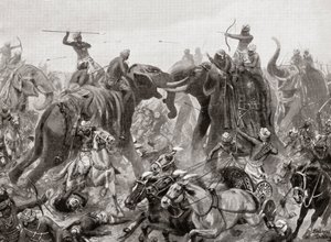 De nederlaag van Pulakeshin Chalukhya door Narasimhavarman I bij Badami in 642 AD, uit Hutchinsons Geschiedenis van de Naties, pub.1915 door after Robert Dudley