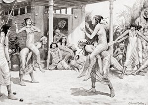 Jonge meisjes spelen bal in de vorm van een dans in het oude Egypte, uit Hutchinsons Geschiedenis van de Naties, pub.1915 door after Robert Dudley