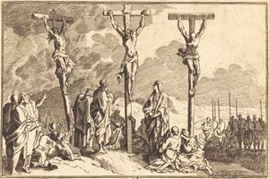 De Maagd, Sint Jan en Maria Magdalena aan de voet van het kruis door after Sébastien Le Clerc I