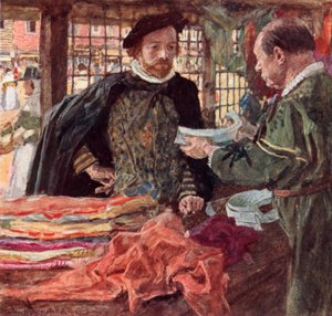 Shakespeare bij een stoffenwinkel om een van de nieuwe vallende kragen te kopen die de ruwe kragen vervangen door after William Hatherell