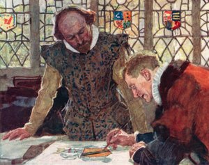 Shakespeare bij het Heralds College op Pauls Wharf Hill om de wapens van zijn vader te bespreken