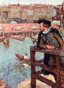 Shakespeare kijkt naar de watermolens onder de London Bridge door after William Hatherell
