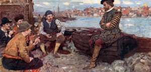 Shakespeare praat met enkele mannen van Raleigh die terug zijn van de Spaanse Main door after William Hatherell