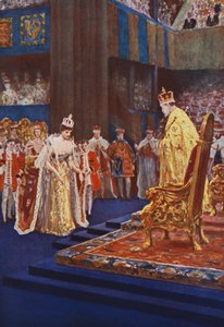 Koningin Alexandra buigt voor koning Edward VII op weg naar haar troon door after William Henry Margetson