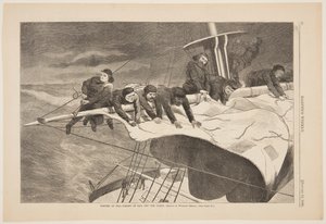 Winter op zee – zeil inhalen voor de kust door Winslow Homer