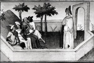 Ms Fr 2810 Hoe de oude man uit de bergen de volgelingen ontving in de tuin, uit het Livre des Merveilles du Monde, c.1410-12 door and workshop Boucicaut Master