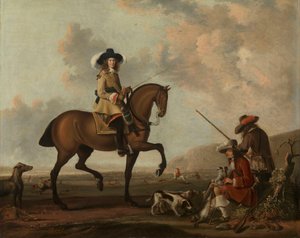 Een heer te paard met twee jachtopzieners met honden door anonymous 