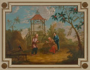 Dutch: Bovendeurstuk met drie figuren rond een vogelkooi
