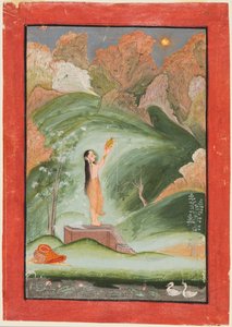 Een vrouw die de opkomende zon aanbidt (Surya Puja)
