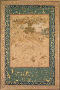 Akbar houdt toezicht op het vangen van wilde olifanten in Malwa in 1564, schilderij 90 uit een Akbar-nama (Boek van Akbar) van Abu