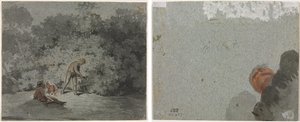 Takdrager (recto) Studie van een Hoofd van Onderaf Gezien (verso)