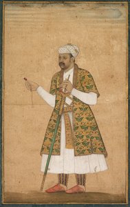 Een hoveling, mogelijk Khan Alam, met een spinel en een Deccan-zwaard