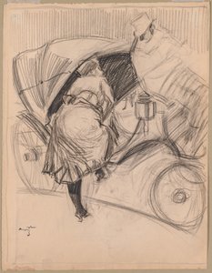 Vrouw die een fiacre binnengaat (recto) door attributed to Jean Louis Forain