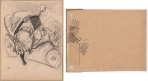 Vrouw die een fiacre binnengaat (recto); Rechterprofiel van een man met hoge hoed (verso)