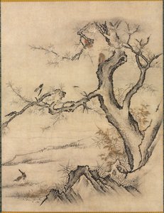 Bloemen en Vogels in een Lentelandschap door attributed to Kano Motonobu