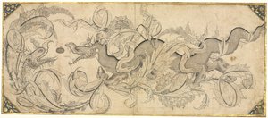 Draak in gebladerte met leeuwen- en fenikskoppen door attributed to Sahkulu