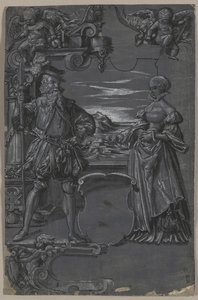 Ontwerp voor Glas-in-lood: Man en Vrouw in Architectonische Setting door attributed to Tobias Stimmer