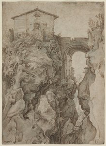 Ponte San Rocco bij Tivoli door attributed to Willem van Niewlandt