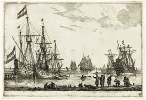 Vier zeilschepen in een golfbreker, uit dertien marinescènes door called Zeeman Reinier Nooms