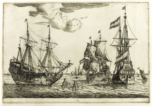 Drie aangemeerde zeilschepen, uit Dertien Marinescènes door called Zeeman Reinier Nooms