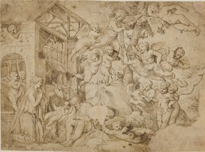 De Aanbidding van het Christuskind met een koor van putti