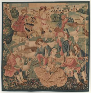 Jacht- en pastorale scènes, met een omkranste held tussen dames door design probably French 16th Century, Paris; woven in southern Netherlands or Paris in an undetermine workshop
