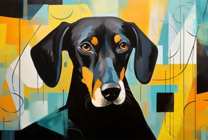 Een hond liggend op de vloer, kleurrijk abstract