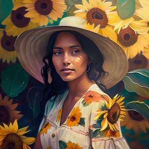Abstract portret van mooi Mexicaans meisje & zonnebloemen achtergrond