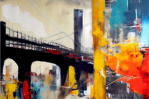 Abstracte brug canvas schilderij, Blauw & Oranje kleur