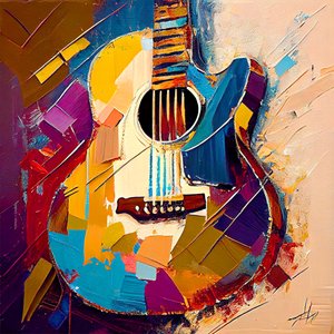 Abstracte muziek kunst, Elektrische gitaar schilderij in volle kleur, canvas afdrukken door F. Abderrahim