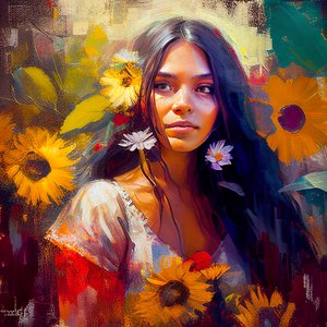 Mooie Mexicaanse vrouw omringd door zonnebloemen