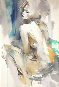 Mooie vrouw zittend, Aquarel schilderij