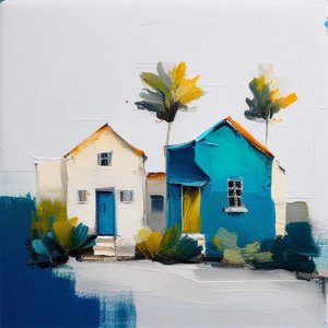 Minimalistisch abstract olieverfschilderij van kleurrijke huisjes, muurkunst | canvasafdrukken