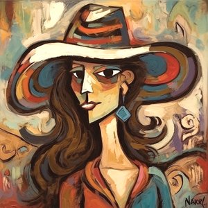 Schilderij van een mooie moderne dame met een hoed