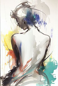 Aquareltekening van een Vrouw Zittend met haar Rug naar de Kijker door F. Abderrahim