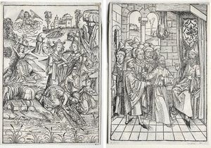 Der Schatzbehalter: Mozes Gevonden door de Dochter van Farao (recto); Der Schatzbehalter: Christus voor Kajafas (verso)