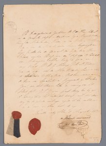 Stukje laken van de uniformrok van J.C.J. van Speyk met aangehechte afkomstbewijzen door jonkheer H. E. de Boer