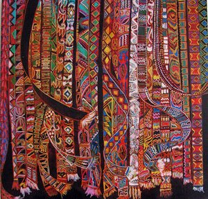 Rugband weven, 2014 (gemengd, acryl, inkt, olie) door linda arthurs