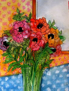 Bloemen in vaas, 2014 (aquarel, inkt) door linda arthurs