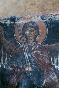 Engel met zwaard, fresco in Byzantijnse kerk van St. George, Komitades, Kreta, Griekenland (foto) door Theodore Charles Ange Coquelin