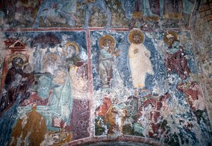Christus en heiligen, fresco in Byzantijnse kerk van Sotiras Christos, Vlithias, Kreta, Griekenland door Theodore Charles Ange Coquelin
