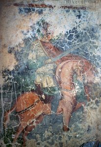 Man te paard met zwaard, fresco in Byzantijnse kerk van Agios Athanasios, Kefali, Kreta, Griekenland door Theodore Charles Ange Coquelin
