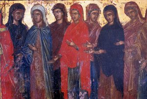 Vrome vrouwen, houten paneel in Byzantijnse kerk van Palea Roumata, Kreta, Griekenland