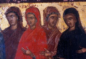 Vrome vrouwen, houten paneel in Byzantijnse kerk van Palea Roumata, Kreta, Griekenland