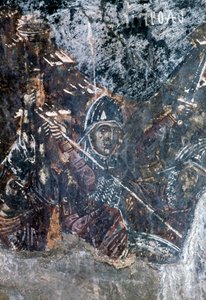 Soldaat, beschadigde fresco op plafond van kerk van Agios Vasileios, Vavouledo, Kreta, Griekenland