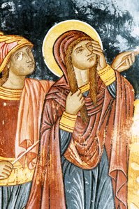 St. Longinus en Maria, kruisigingsscène, fresco in Mikro Sotiris klooster, Symi eiland, Griekenland (foto) door Theodore Charles Ange Coquelin